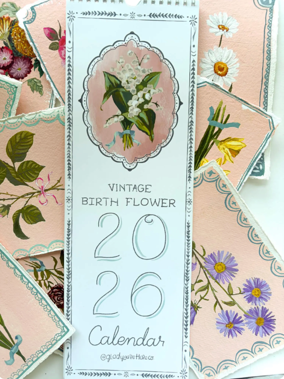 glad you're here co - Wholesale Calendar - 2026 Vintage Birth Flower Calendar • Hand‑Painted Botanical Wall / Desk Calendar • Cottagecore Floral Illustration Gift1