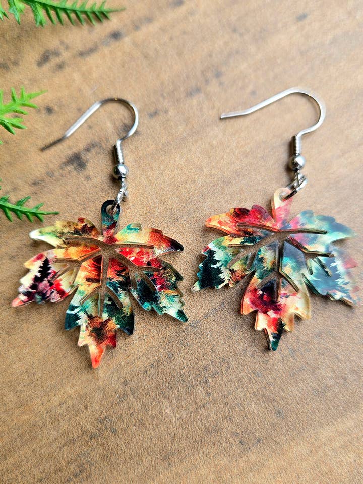 Watercolor Fall Maple Leaf Earrings for wholesale by Mabel's Way