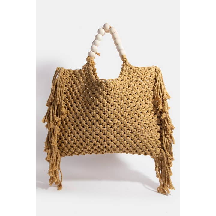 Collections by Fame Accessories - Wholesale Tote Bag - Women's - Wooden Beaded Handle Braided Tote Bag