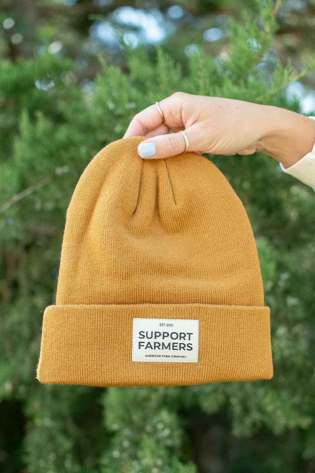 Coyote Brown ‘Support Farmers’ Beanie for wholesale on Faire0