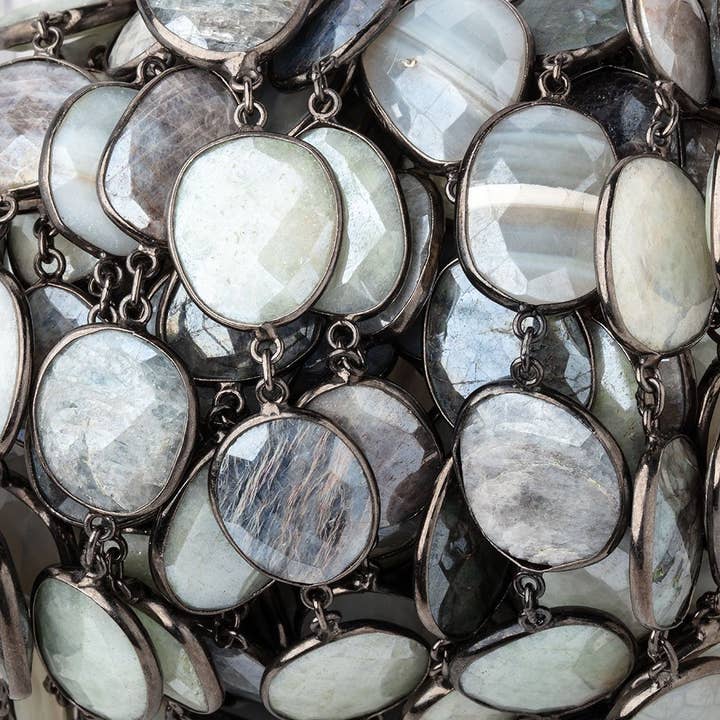 17x17-21x16mm Mystic Multi Gem Nuggets Black Gold over .925 Bezeled Chain for wholesale by Beads of Cambay