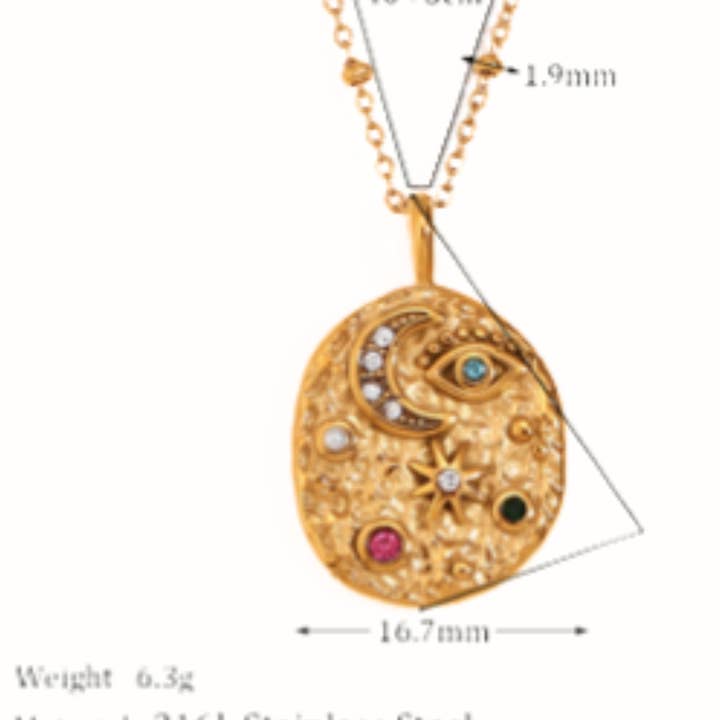 HoopLa - Wholesale Pendant/Charm Necklace - Confetti Coin- Evil Eye- Moon and Stars- Stainless Steel 14K