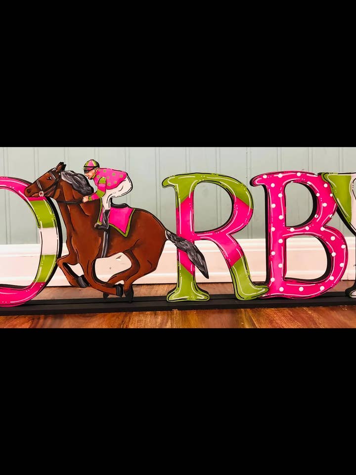 Derby Word Shelf Sitter with Horse and Jockey for wholesale by Chelle Belle's Creations