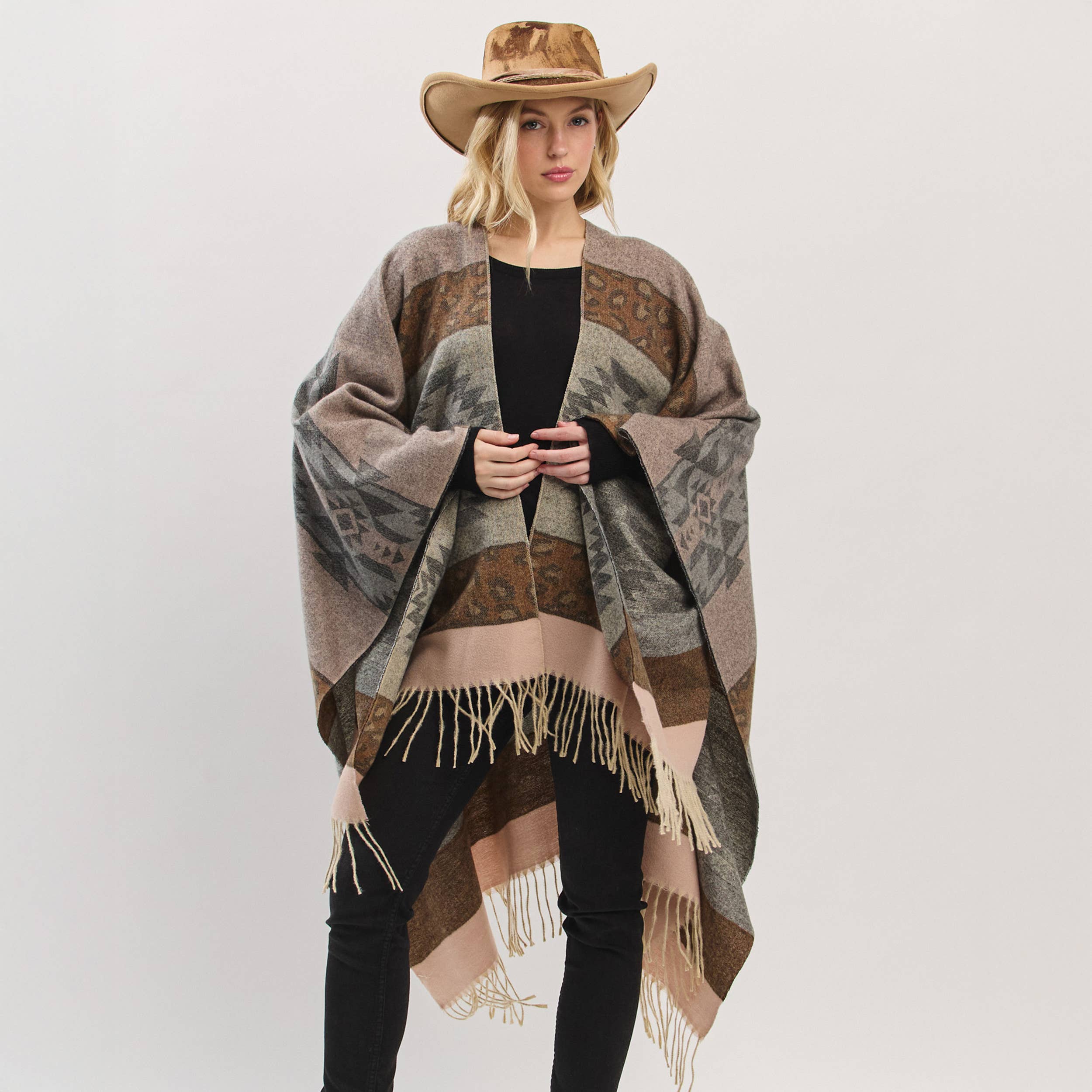 Hana – wholesale Kimono – Women's – Aztec Leopard Pattern Western Style Fringe Ruana1