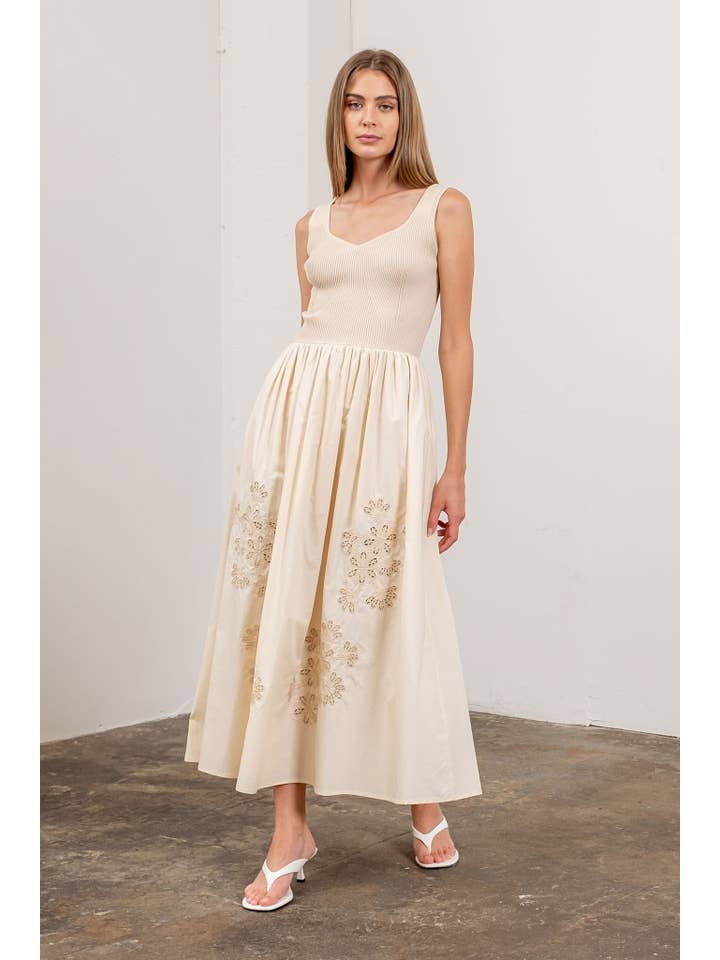 Moon River - Wholesale Dress - Women's - SWEATER TOP EYELET DETAIL MIDI DRESS