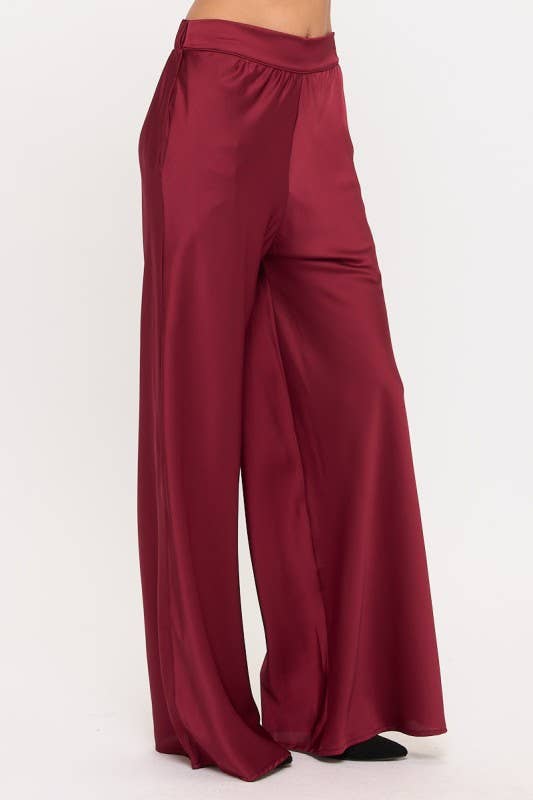 Burgundy Made in USA Satin Pants w/ Elastic Waist and Pockets for wholesale on Faire1