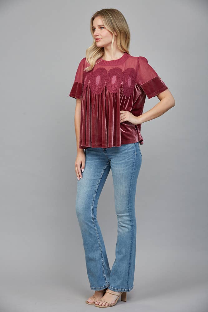 FATE – Blusa - Mulher por atacado – TOP DE VELUDO COM DETALHE DE RENDA FT2547414