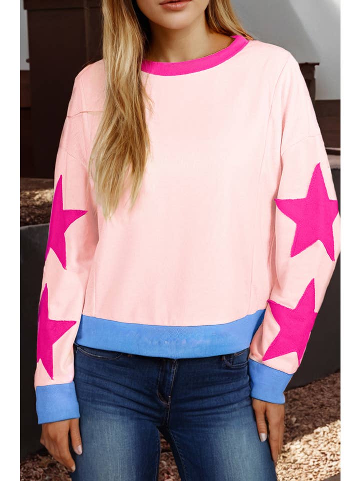 66DISCO - Wholesale Sweatshirt - Women's - Star Print Long Sleeve Patchwork Oversized Sweatshirt (S-XL)