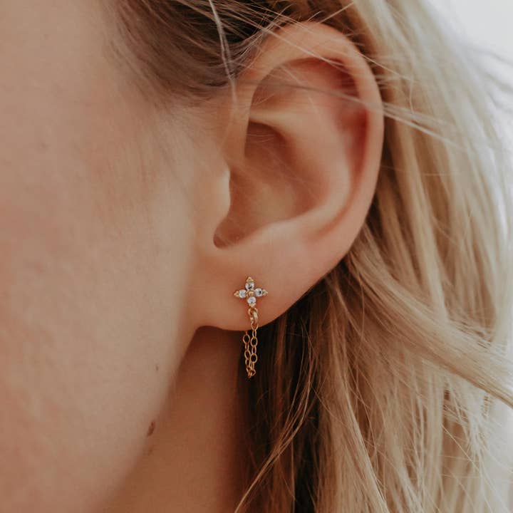 A Worthy Brand - Wholesale Stud/post earrings - CZ Diamond Tiny Flower Stud Earrings with Chain Gold Vermeil2