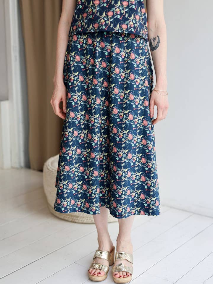 'Floral Medusa' Jersey Flared Long Skirt | navy for wholesale by aesthete-kidswear