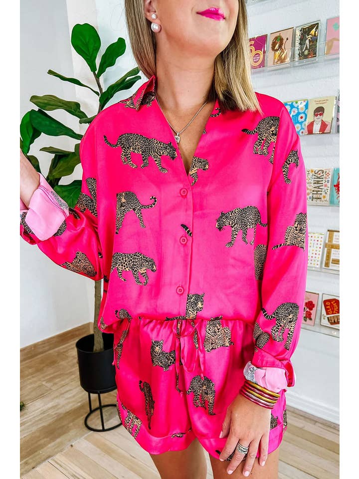 Strawberry Pink Cheetah Satin Shirt and Shorts Lounge Set for wholesale on Faire