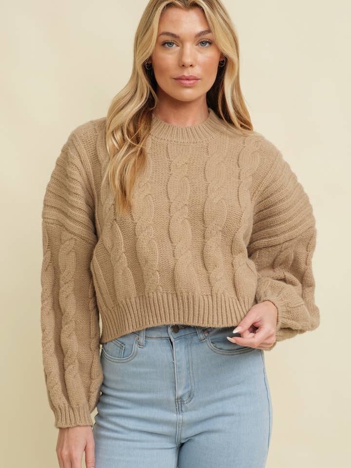 CSW16071A - CABLE CROP LS KNIT SWEATER for wholesale by Cloud Ten