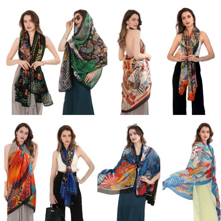 Sensibling Corp. - Wholesale Scarf – Women's - Flower Pattern Printed Oblong Silky Satin Scarf Shawl8