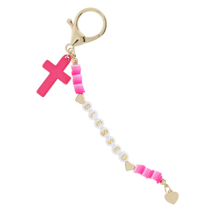 Jane Marie - Wholesale Keychain - Women's - Pink Sequin "BLESSED" & Gold Hearts, Pink Cross Keychain