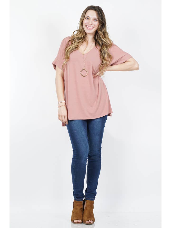 OLIVEMUSTARD `.Plus size V Neck Top w/ side-slit for wholesale on Faire13