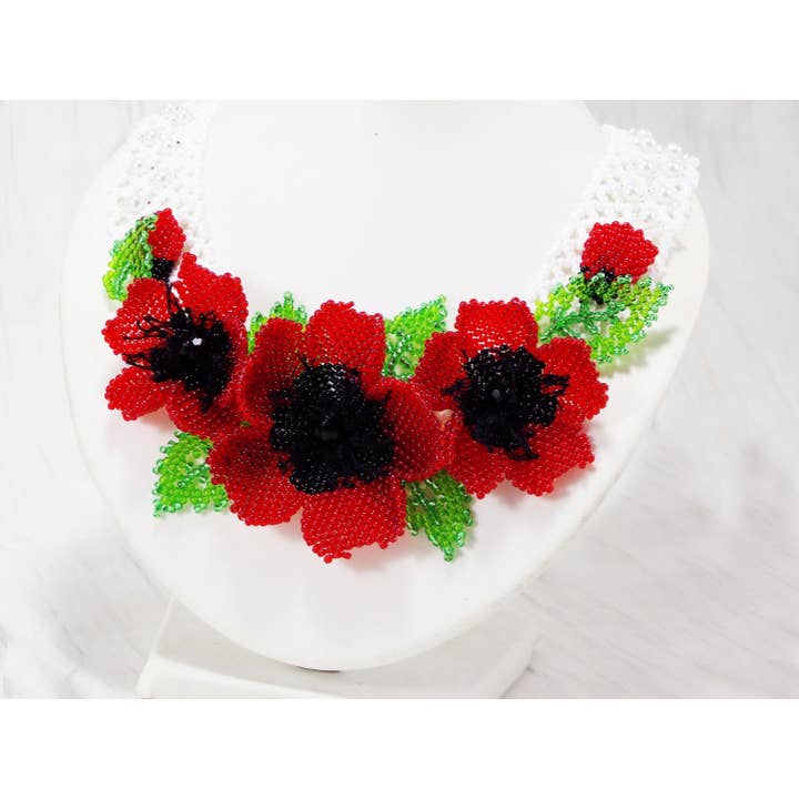 Ninolia - Venta al por mayor Collares de cuentas/perlas - Collar de 3 flores de amapola roja, pieza llamativa, collar de flor roja grande, joyería natural