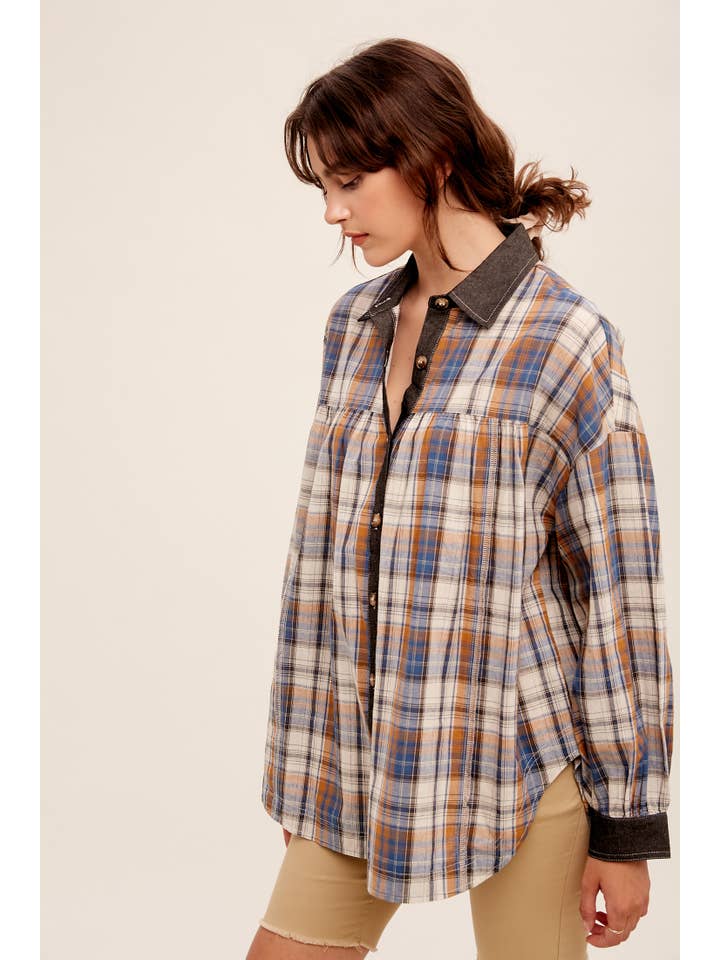 Listicle - Wholesale Button Down Shirt - Women's - Mixed Plaid Oversized Button-Down Shirt LJ02052