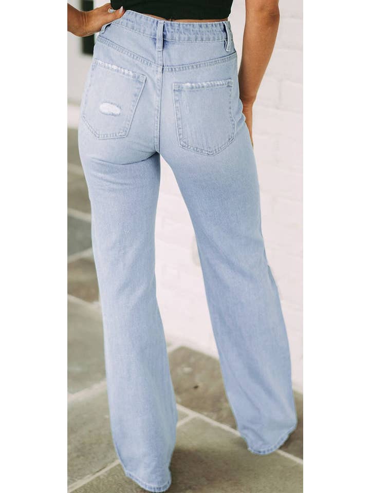 Blue Vintage Light Wash Distressed Flare Jeans for wholesale on Faire