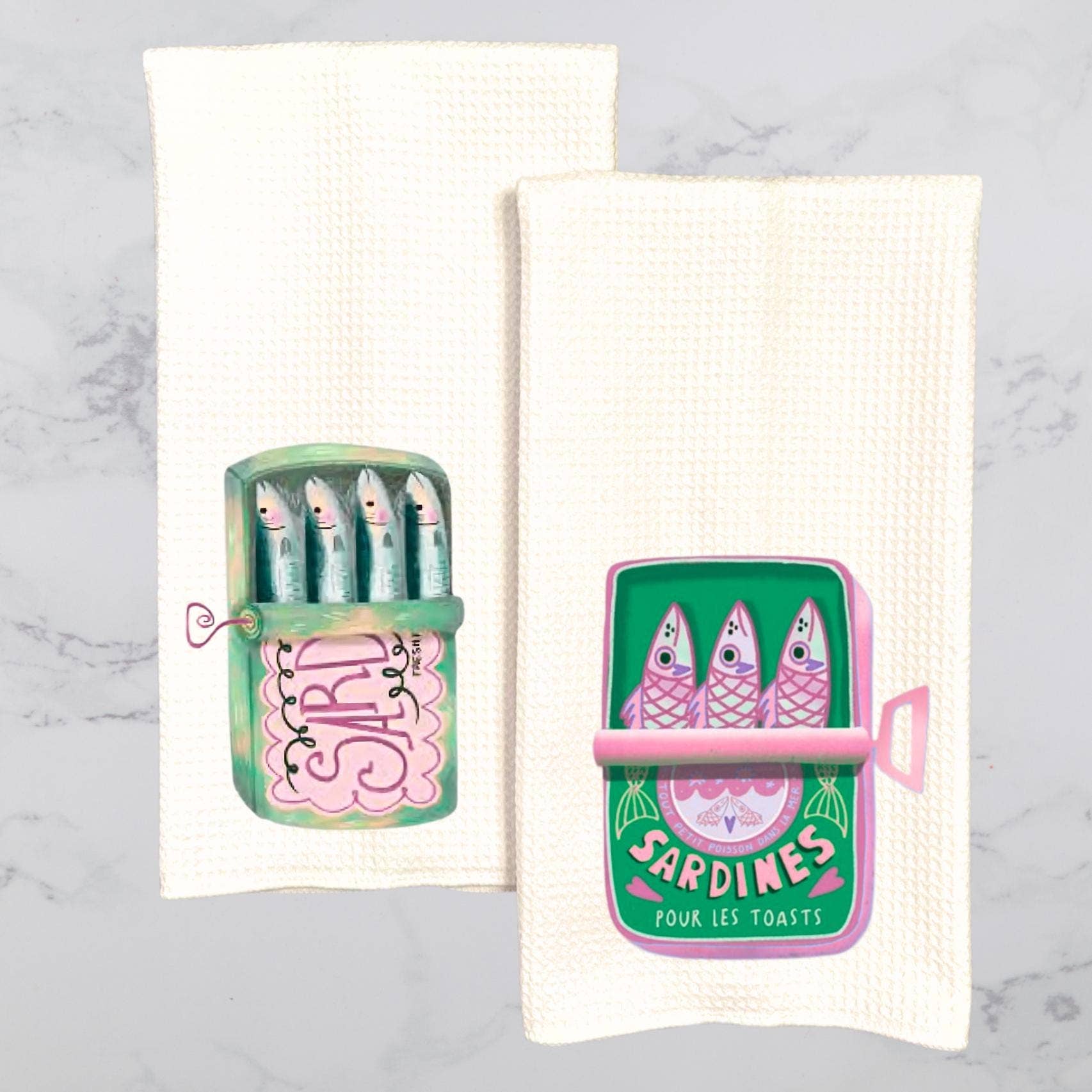 Cottage & Club - Wholesale Tea Towel - Retro Sardine Can Waffle Weave Tea Towel Collection - Fisherman Aesthetic - French Decor - Dopamine Decor - Colorful Coastal Kitchen Decor2