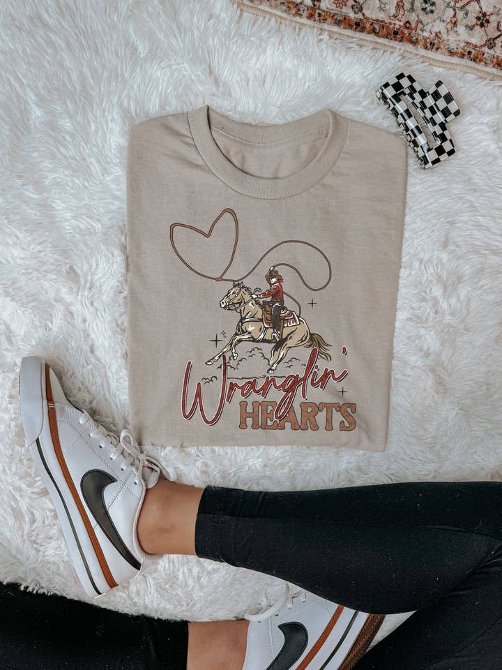 Wranglin Hearts Tee (Sand), Western Tee, Valentines Tee for wholesale by Bar Tabs Wholesale