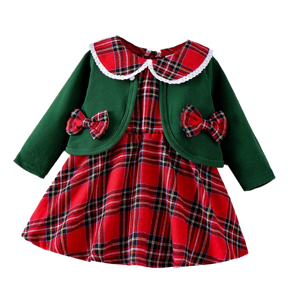 Fennco Styles – wholesale Dress set – Baby – Red Green Tartan Plaid Holiday Baby Dress and Cardigan0