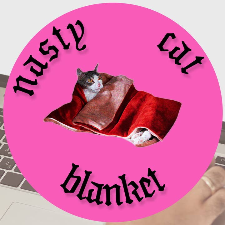 Nasty Cat Blanket Vinyl Sticker - Pink Background for wholesale by The Weeping Roses