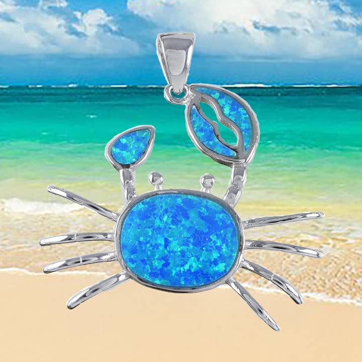 Hawaiian Large Blue Opal Crab Pendant, Sterling Silver Blue Opal Inlay Crab Pendant, Christmas Anniversary Birthday Mom Gift for wholesale by Paradise Treasures Jewelry