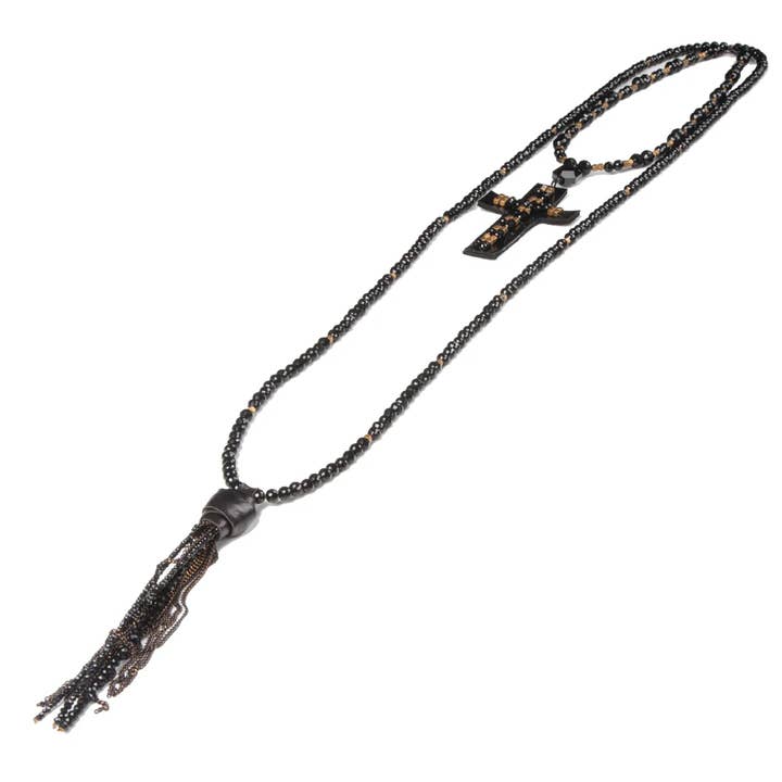 Colar de Cruz com Contas Pretas com Detalhes Dourados e Couro por atacado de The Dark