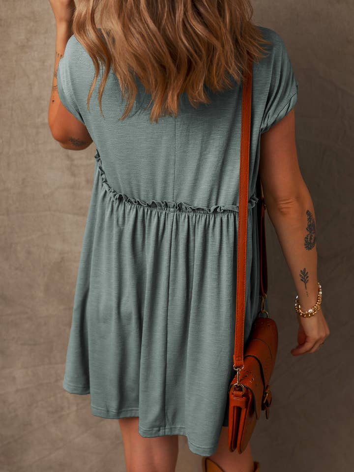 Mist Green Frilled Gathered Seam Round Neck T Shirt Dress for wholesale on Faire18