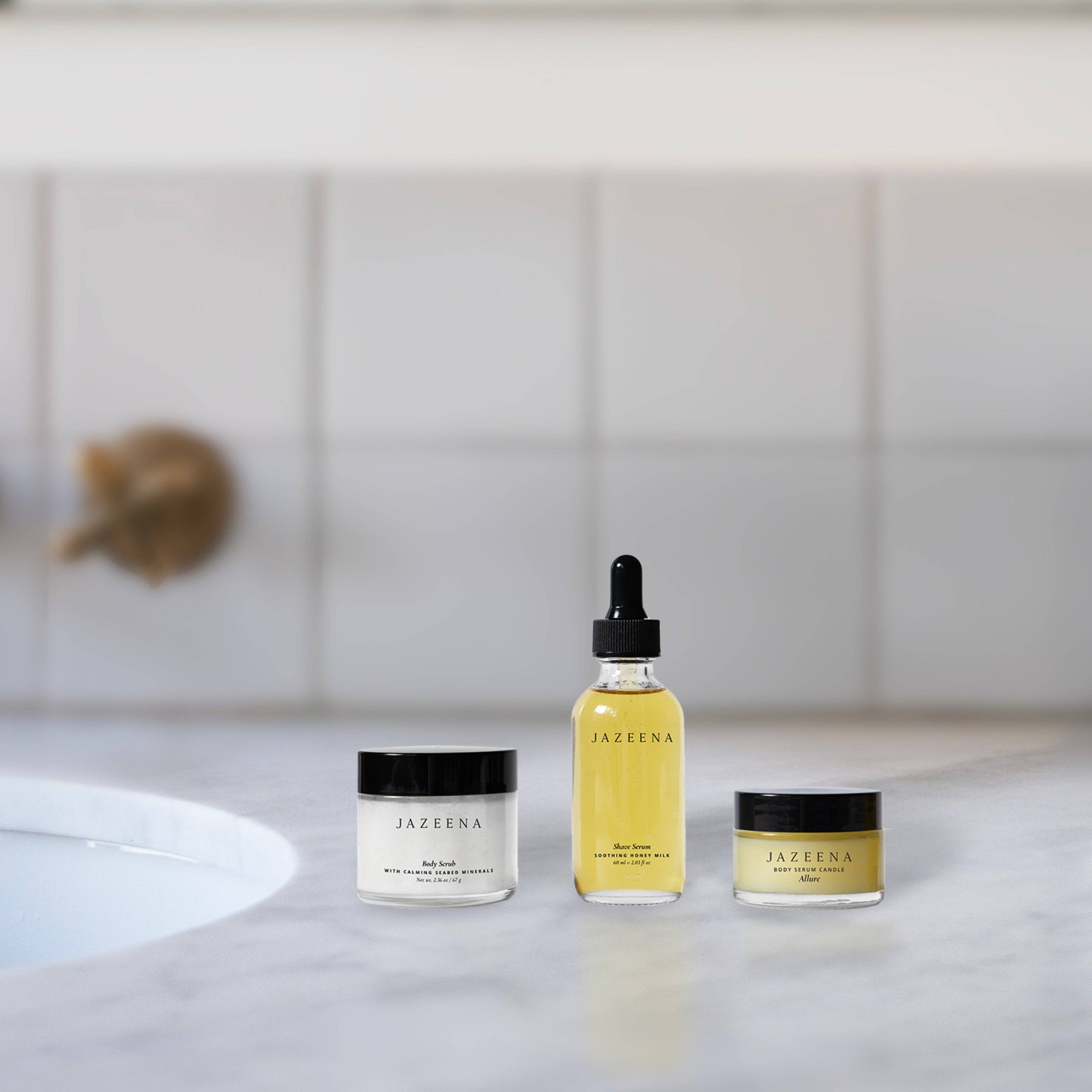 Jazeena - Wholesale Bath & Body Set - 3-pc Self-Care Mini Ritual Set | Scrub, Shave, Candle1