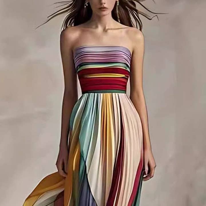 MULTICOLOR Colorful Strapless Pleated Maxi Dress for wholesale on Faire