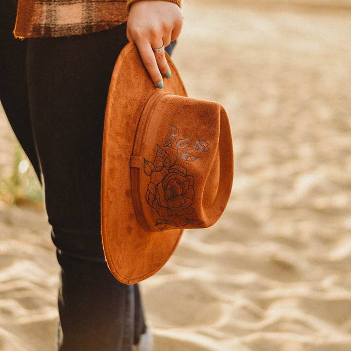 Pacific Wren Art & Design - Wholesale Fedora - Women's - Wood-Burned Wide Brim Hat - Floral Collection3