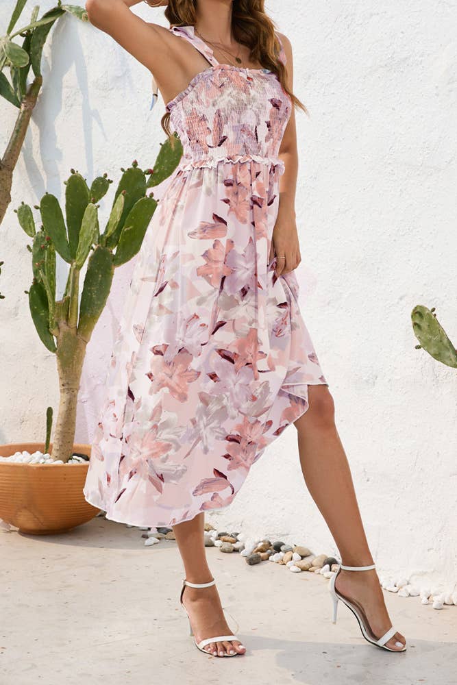 UNISHE - Wholesale Dress - Women's - Spaghetti Floral SLeeveless Smocked Dress AYY02510