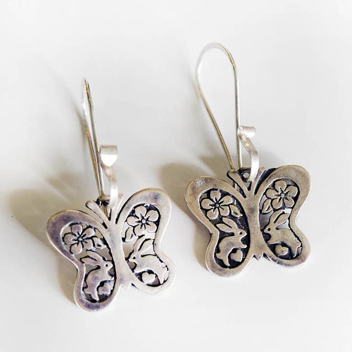 Spring Butterfly Earrings with Bunnies & Flowers in Silver for wholesale by Hi Octane | SilverBotanica