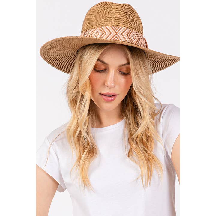 Hana - Wholesale Straw Hat - Women's - Aztec Tribal Pattern Band Straw Summer Sun Hat