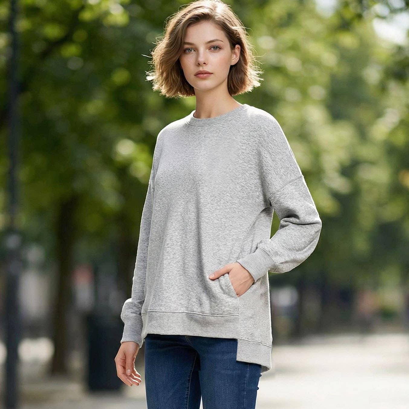 42POPS - Vente Sweat-shirt – femme - Pull à ourlet haut-bas en polaire avec poches18