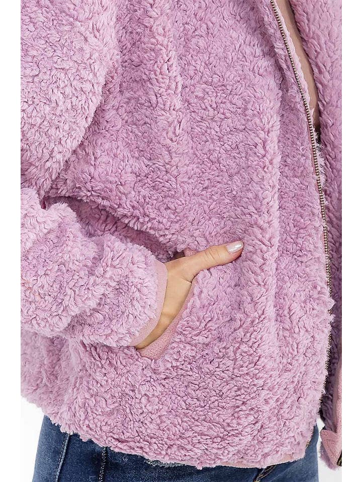 ROUSSEAU - Wholesale Jacket - Women's - SOLID SHERPA HOODED ZIP UP POCKET FRONT JACKET15