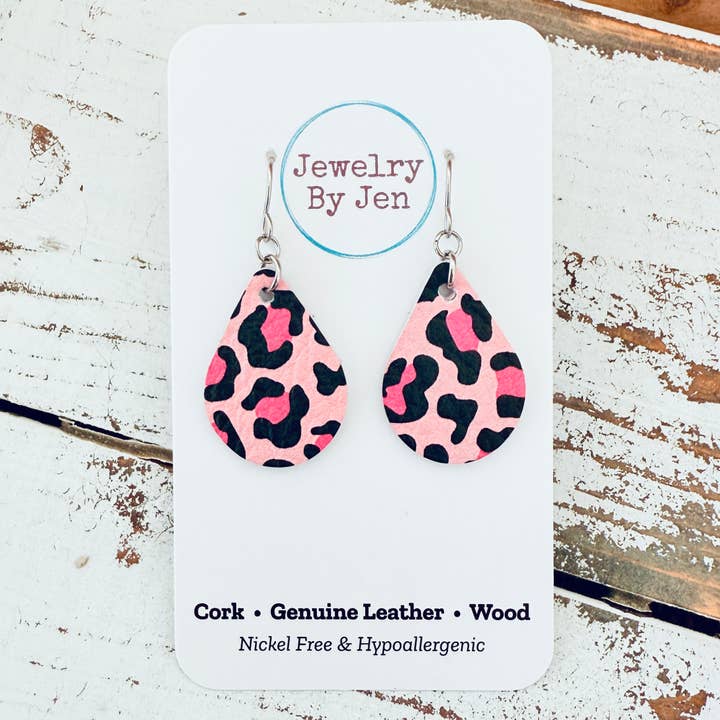 Small Teardrop Earrings: Pink & Black Leopard for wholesale by Jewelry By Jen