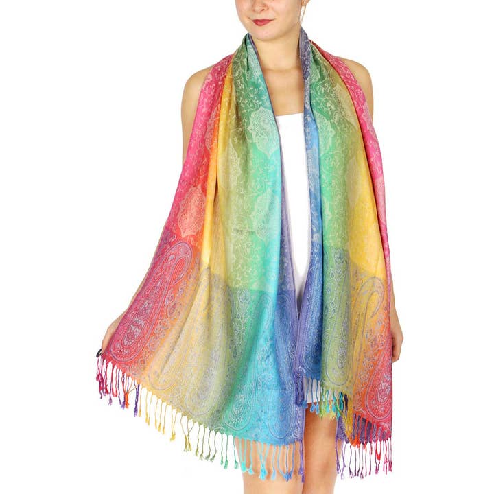 SERENITA - Wholesale Scarf – Women's - Pashmina Scarf Paisley Rainbow Reversible Shawl Wraps 6 Pack6
