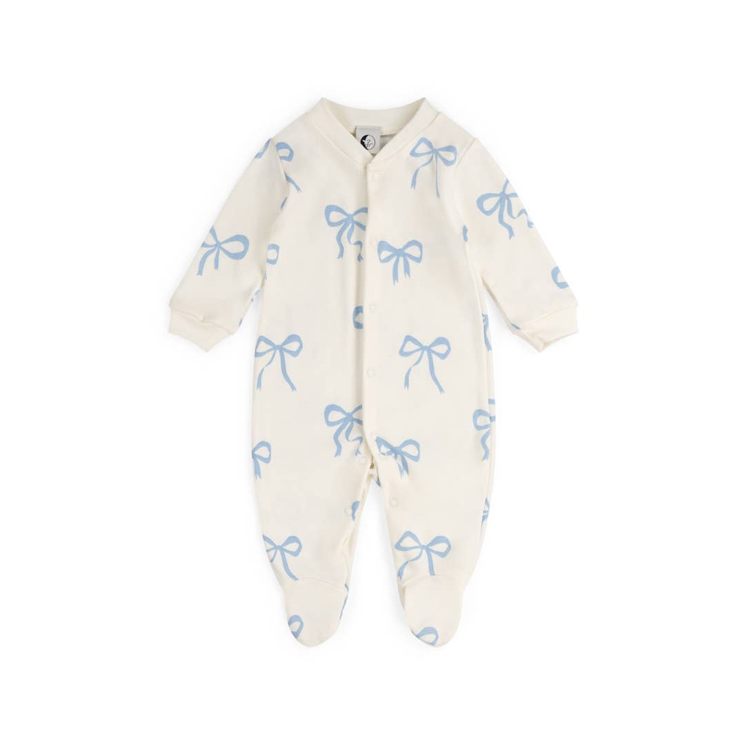 BABY SLEEPSUIT | BLUE BOWS for wholesale by Sleepy Doe