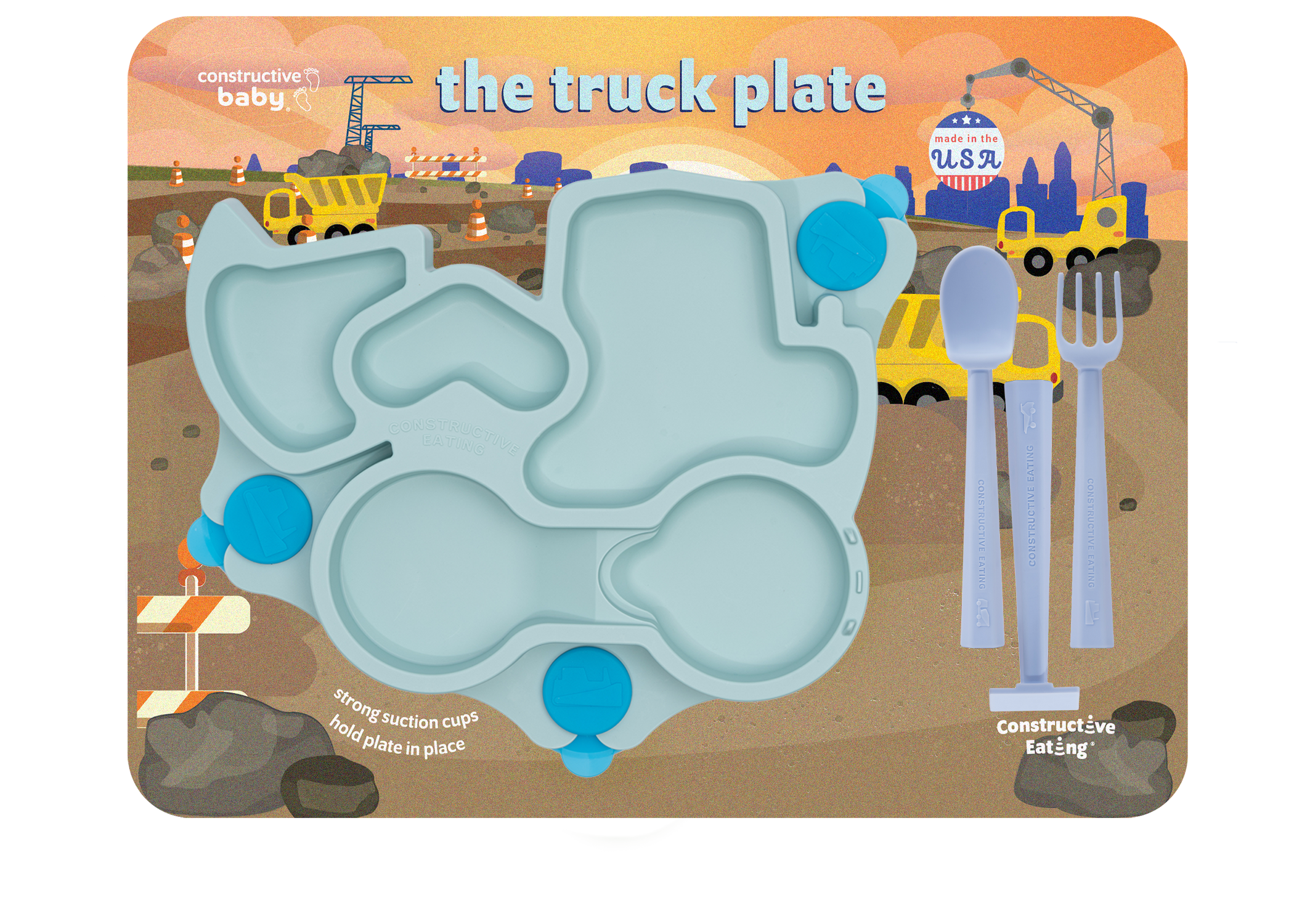 Constructive Eating - Venta al por mayor Plato grande - Niños y bebés - Placa de succión para camiones y utensilios de entrenamiento8