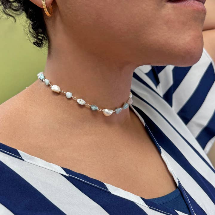 IST Jewelry - Wholesale Choker/Collar - Larimar and Pearl Choker/Bracelet2