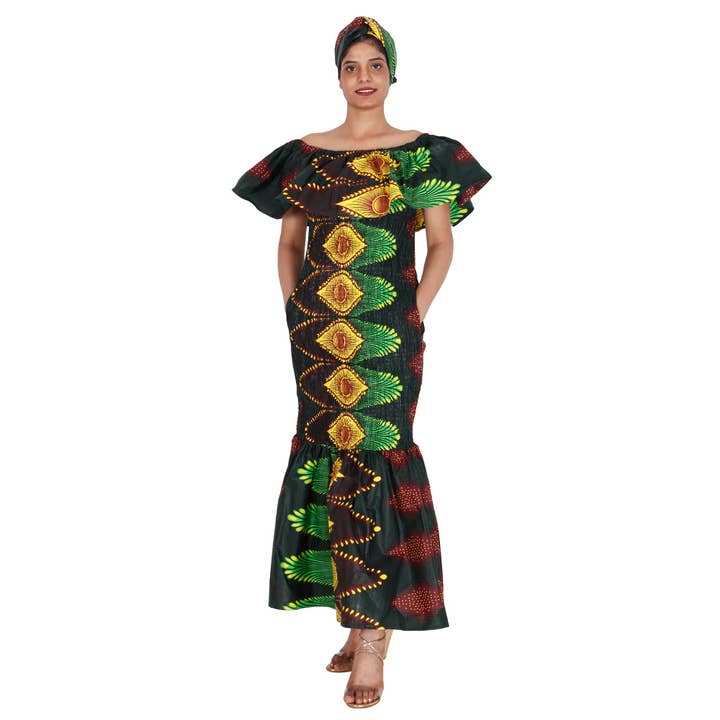 African Stars - Wholesale Dress - Women's - Women's Printed Smocking Off Shoulder Mermaid Dress - FI-P500779