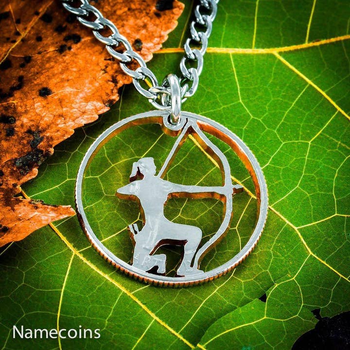 Girl Hunting Jewelry, Bow and Arrow Necklace, Hand Cut Coin Necklace for wholesale by NameCoins