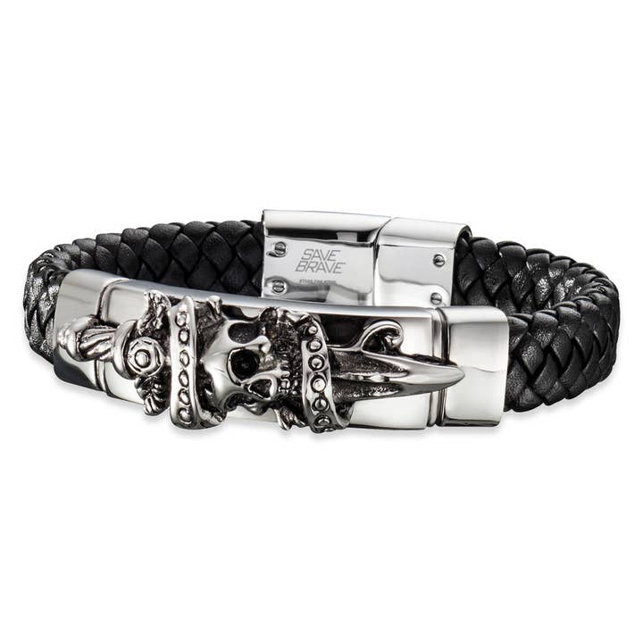Bracciale uomo Save Brave in pelle nera e acciaio inossidabile Jack per la vendita all'ingrosso da parte di Save Brave