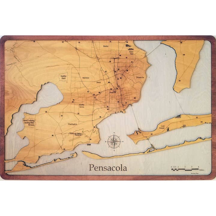Pensacola, FL Wood Map for wholesale by Meridian Maps
