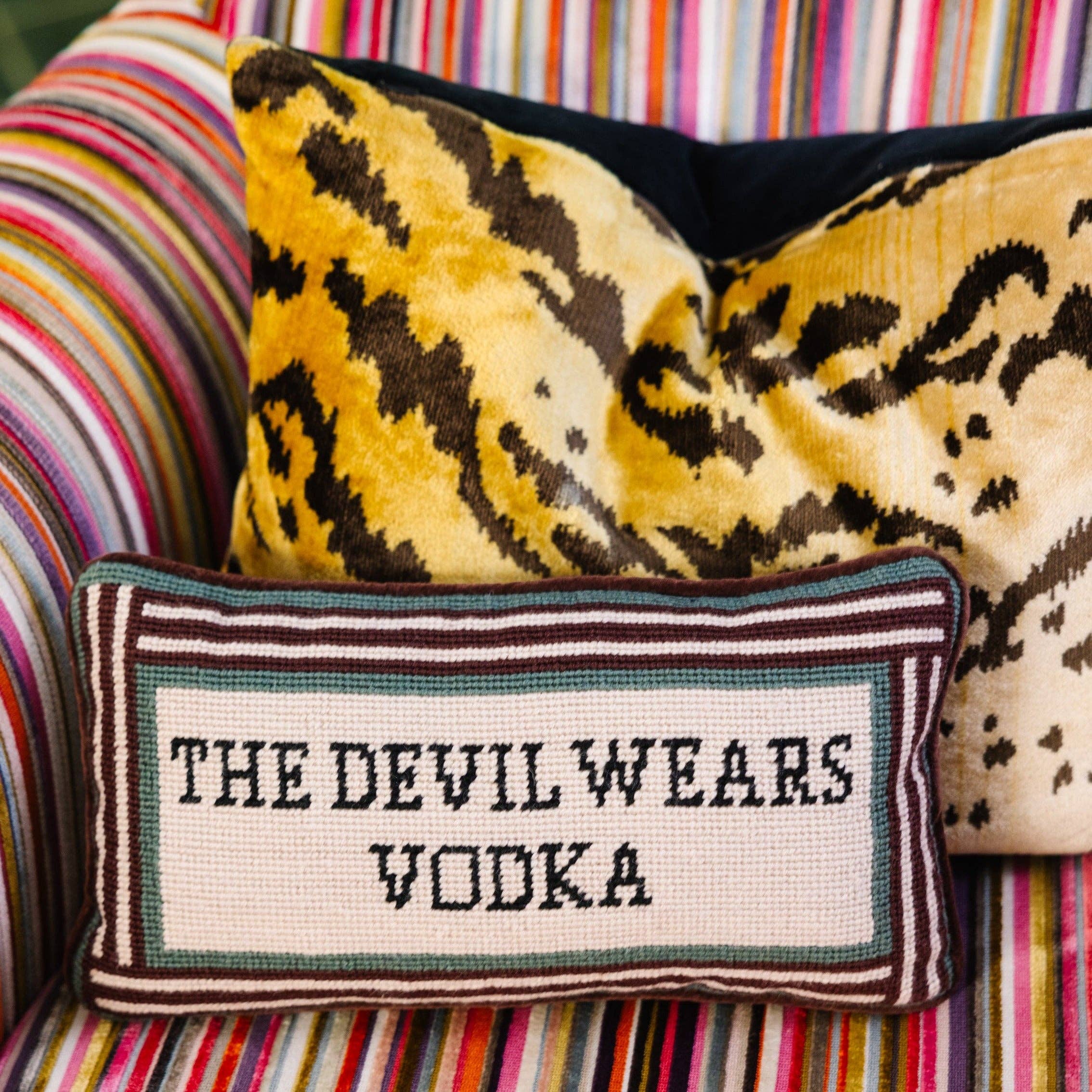 Furbish Studio - Wholesale Throw/Decorative Pillow - Devil Wears Vodka Needlepoint Pillow1