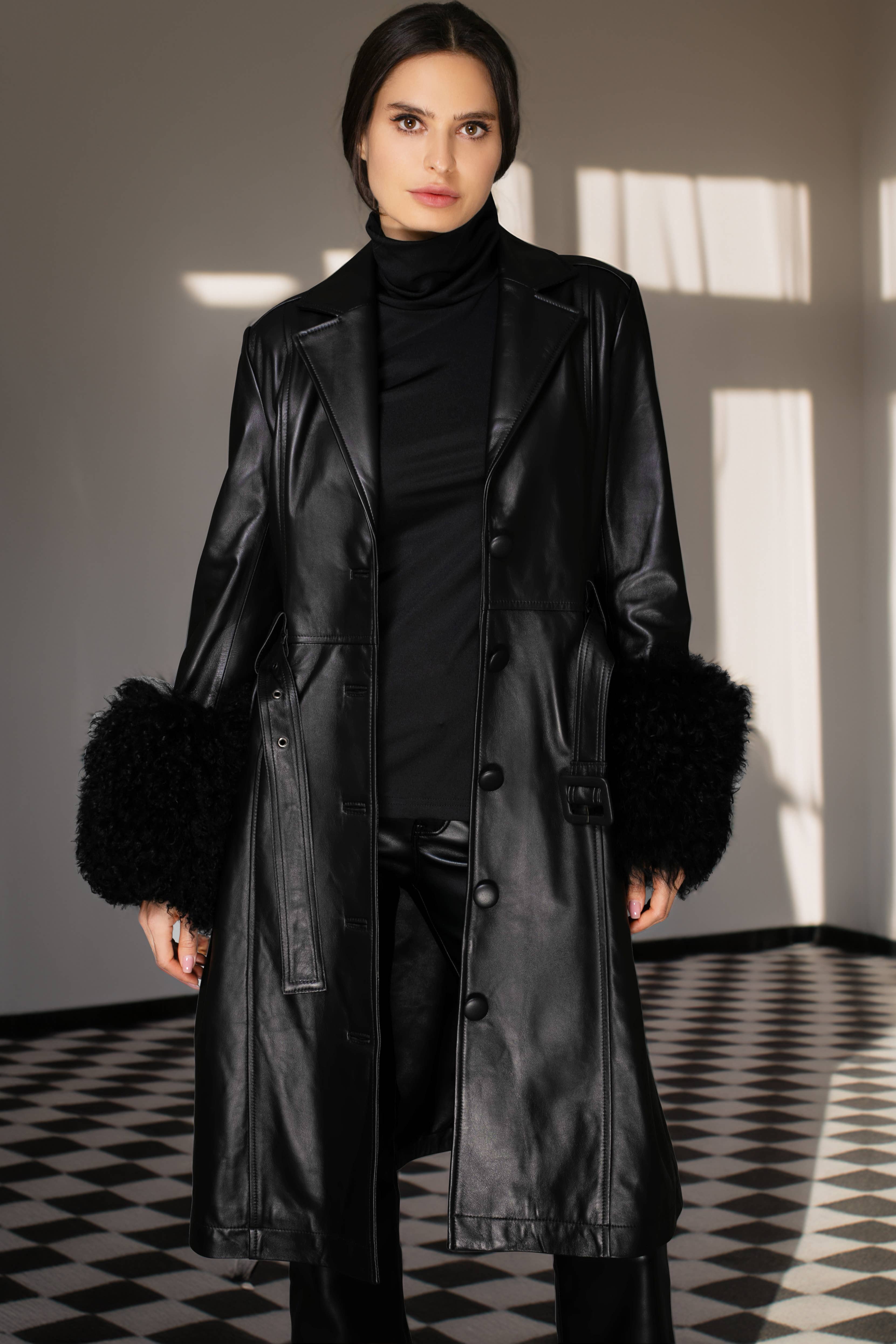 Black Italian Leather & Mongolian Accent Trench Coat  for wholesale on Faire1