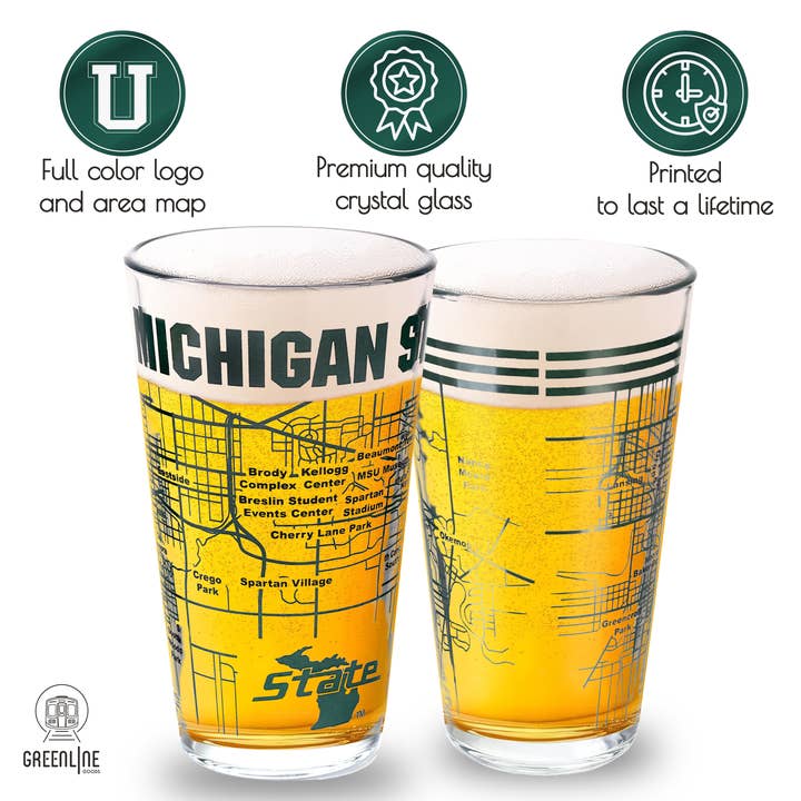 Greenline Goods - Wholesale Beer Glass/Mug - Michigan State University Pint Glasses Contains Full Color MSU Logo & Campus Map MSU Spartans Gift idea College Grads and Alumni (Set of 2)