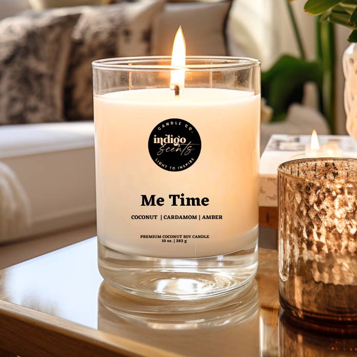 Me Time | 10 oz. Clear Jar | Coconut Soy Candle for wholesale by Indigo Scents Candle Co.